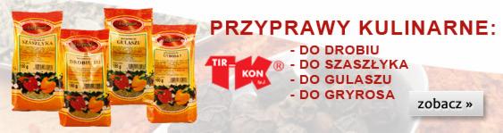 Pakiety przypraw kulinarnych TIR-KON: do drobiu, szaszłyka, gulaszu i gyrosa. Widoczny napis 'zobacz'.