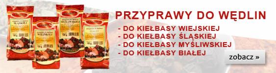 Przyprawy do wędlin: Śląskiej, Wiejskiej, Myśliwskiej i Białej, w czerwonych opakowaniach z grafiką. Napis 'zobacz' i lista przypraw.