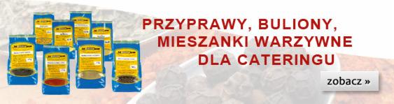 Oferta dla cateringu: przyprawy, buliony, mieszanki warzywne w niebieskich opakowaniach, z przyciskiem 'zobacz' na jasnym tle.