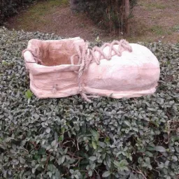 Ręcznie rzeźbiona, drewniana donica w kształcie buta, umieszczona na krzewie w ogrodzie. Sznurowadła wykonane z grubego sznura. Unikalny element dekoracyjny.