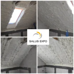 Cztery ujęcia poddasza po ociepleniu pianką, widoczne białe ściany i skosy pokryte grubą warstwą piany, w jednym ujęciu okno dachowe, w centrum logo firmy SALUS EXPO.