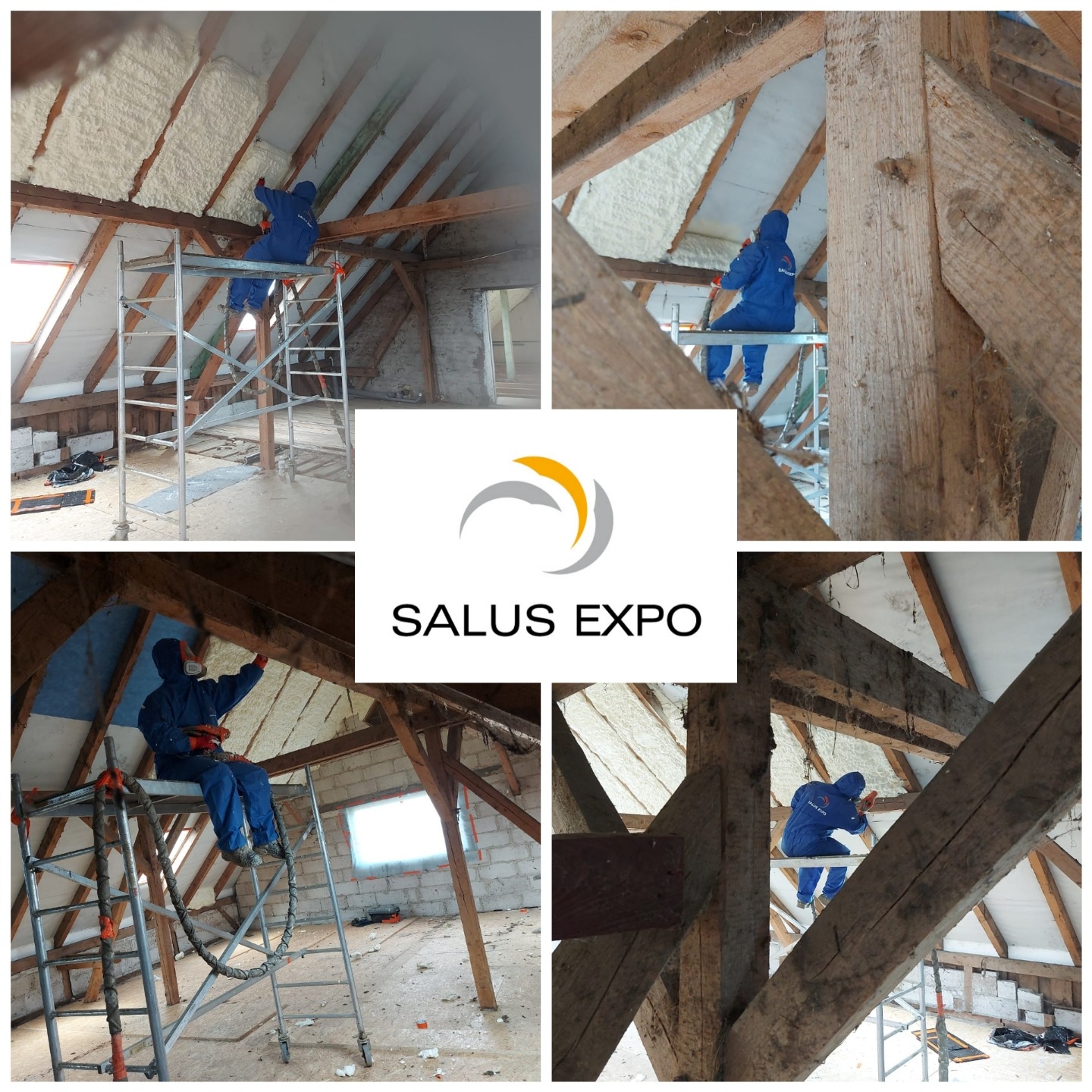 Montaż pianki izolacyjnej na poddaszu: pracownik w kombinezonie ochronnym na rusztowaniu aplikuje piankę między krokwie, widoczne surowe drewno konstrukcji dachu i częściowo ocieplone powierzchnie,...