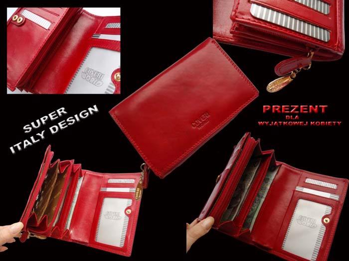 Czerwony skórzany portfel damski z wieloma przegródkami, prezentowany w różnych ujęciach na czarnym tle, z widocznym napisem 'SUPER ITALY DESIGN' i 'PREZENT DLA WYJĄTKOWEJ KOBIETY'.