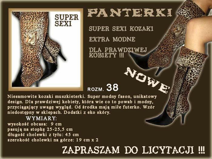 Grafika reklamowa przedstawiająca kozaki muszkieterki w panterkę z czarnymi noskami i obcasami, rozmiar 38, z napisem 'NOWE' i zaproszeniem do licytacji.