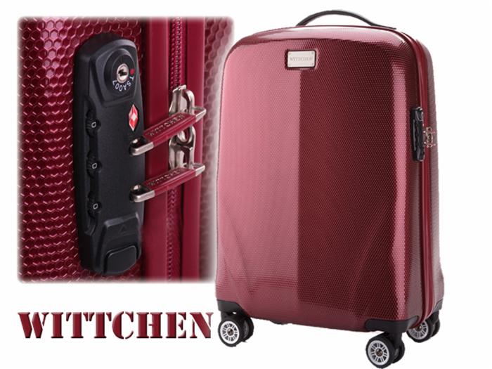 Bordowa walizka kabinowa Wittchen na czterech kółkach, z wysuwaną rączką i zamkiem szyfrowym TSA. Teksturowana powierzchnia, zbliżenie na zamek.