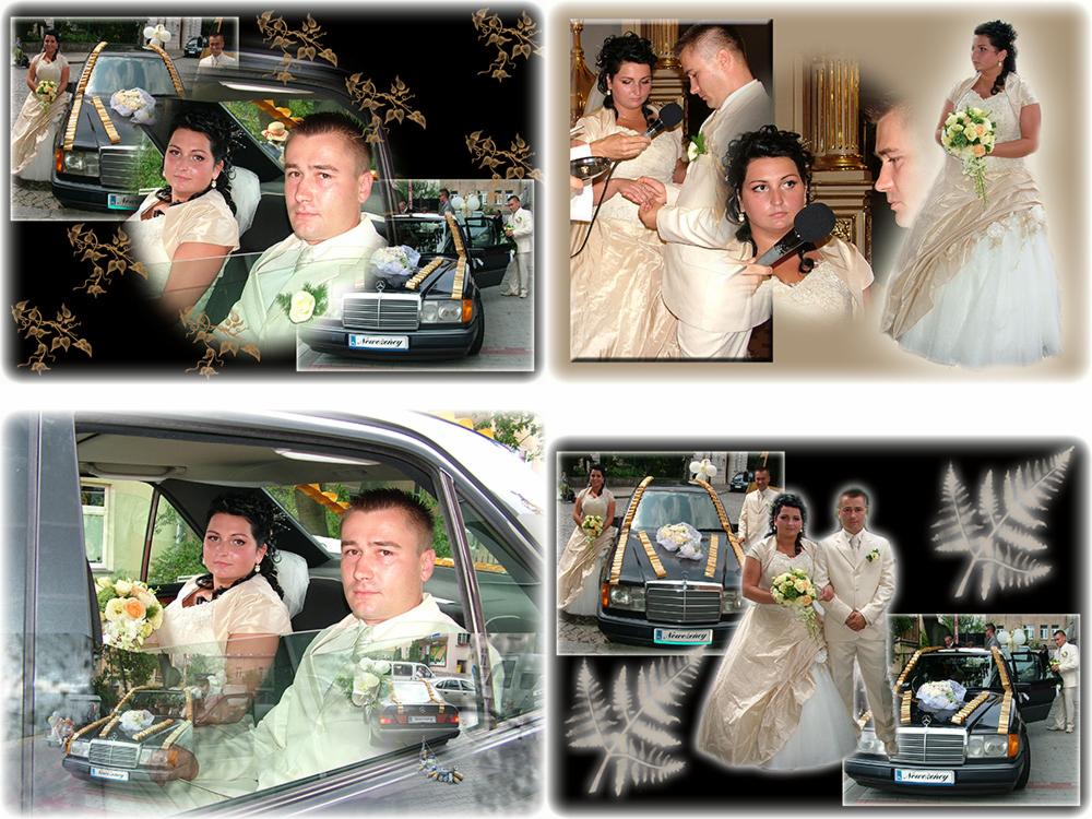 Kolaż zdjęć ślubnych przedstawiający parę młodą w kremowych strojach, udekorowany samochód Mercedes z tabliczką 'Nowożeńcy' i motywy roślinne w tle.