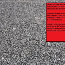 Drobne, szare kruszywo dolomitowe tworzące utwardzoną powierzchnię, obok czerwona ramka z tekstem informującym o wykonaniu placu parkingowego z tego materiału.