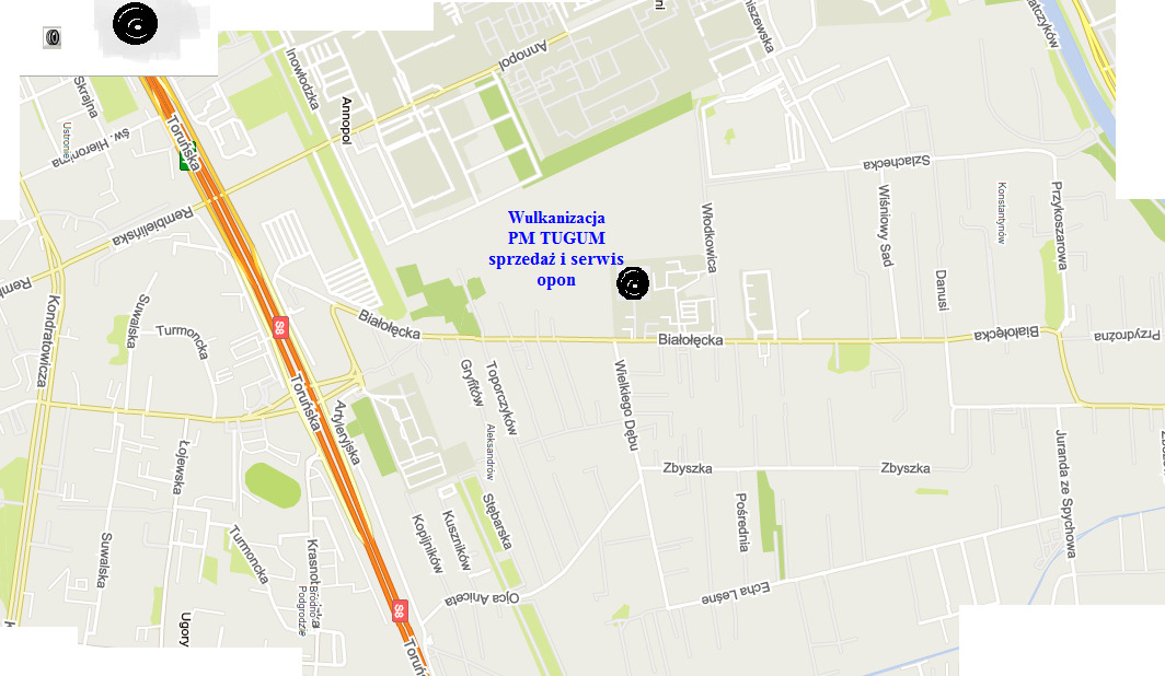 Mapa z zaznaczoną lokalizacją wulkanizacji PM TUGUM oferującej sprzedaż i serwis opon na Białołęce.