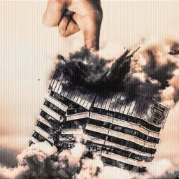 Koncepcyjne ujęcie budynku w trakcie kontrolowanego wyburzenia, otoczonego pyłem i dymem, z symboliczną dłonią u góry, sugerującą siłę sprawczą.