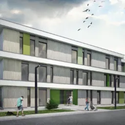 Wizualizacja budynku usługowego z elementami zieleni, otoczonego zielenią i przechodniami, w słoneczny dzień. Nowoczesna architektura z szarymi panelami i białymi akcentami.