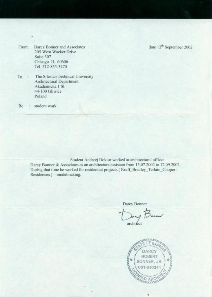 Pismo referencyjne z 2002 roku od Darcy Bonner & Associates dla Studenta Andrzeja Doktora, potwierdzające pracę przy projektach rezydencjalnych i modelowaniu.