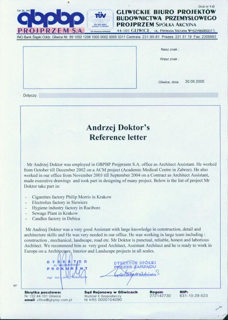 Referencje dla architekta Andrzeja Doktora od Gliwickiego Biura Projektów Budownictwa Przemysłowego Projprzem S.A. Dokument z listą projektów i rekomendacją.