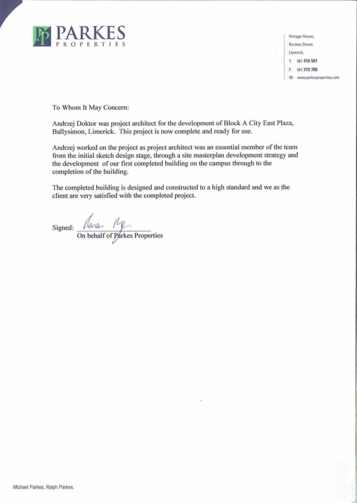 Referencje dla architekta Andrzeja Doktora od Parkes Properties, potwierdzające ukończenie projektu Block A City East Plaza w Limerick.