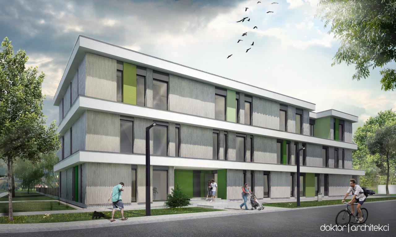 Wizualizacja budynku usługowego z elementami zieleni, otoczonego zielenią i przechodniami, w słoneczny dzień. Nowoczesna architektura z szarymi panelami i białymi akcentami.