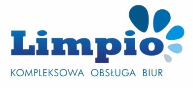 Niebieskie logo firmy Limpio z hasłem 'KOMPLEKSOWA OBSŁUGA BIUR' i abstrakcyjnym symbolem kropli wody.
