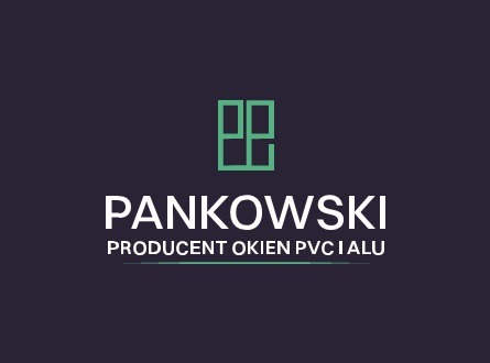 Logo firmy Pankowski, producenta stolarki okiennej z PCV i aluminium, z abstrakcyjnym symbolem okna w kolorze zielonym na ciemnym tle.