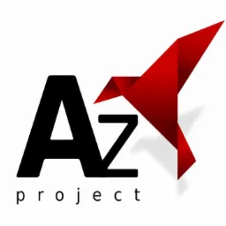 Logo firmy 'AZ project' z czarnymi literami A i Z oraz stylizowanym czerwonym origami ptaka nad nimi, na białym tle.