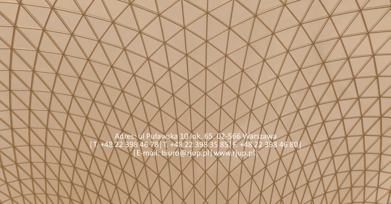 Adres Kancelarii: ul. Puławska 10 lok. 65, 02-566 Warszawa, numery telefonów i adres e-mail na tle geometrycznego wzoru w odcieniach beżu.