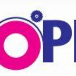 Logo firmy KOPIX z nazwą w kolorze granatowym, z elementem graficznym w postaci różowego okręgu w miejscu litery 'O' oraz małą granatową zębatką nad nim.