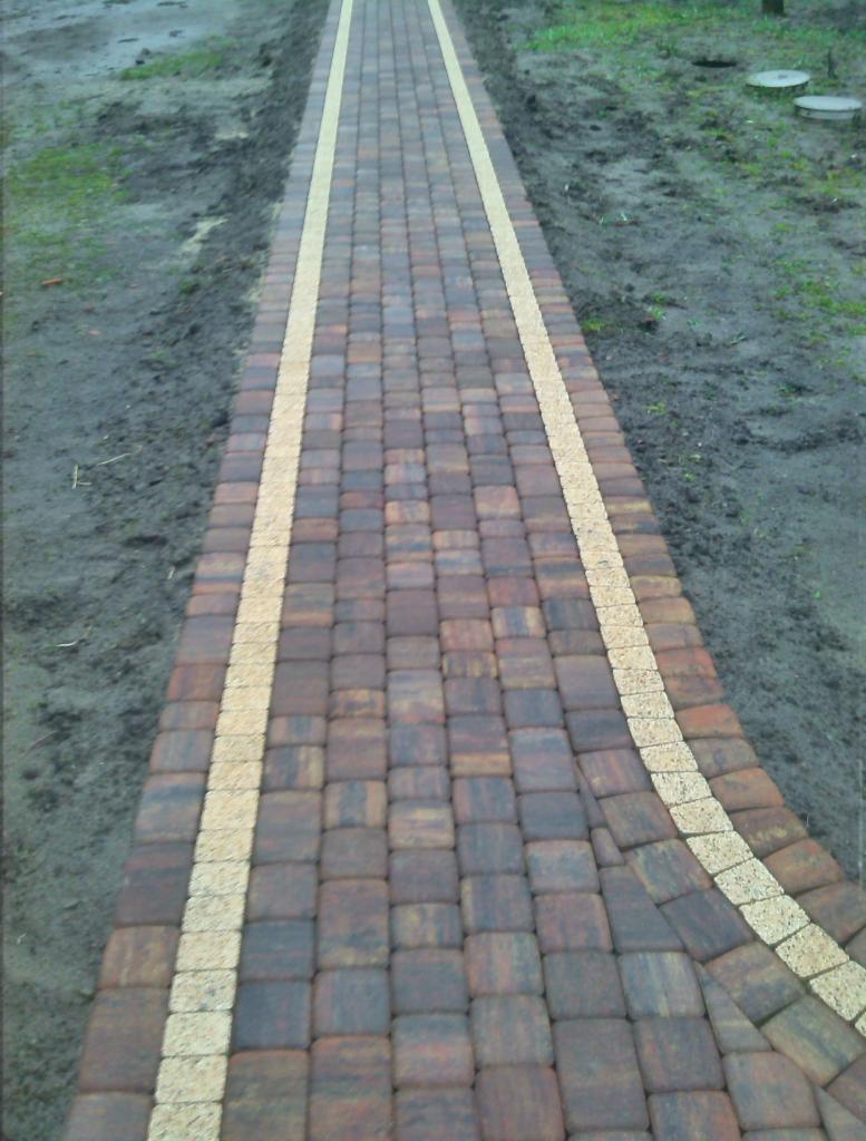 Ukończona ścieżka z kostki brukowej w odcieniach brązu, wykończona jasnymi pasami po bokach, prowadząca przez teren z ziemią i trawą. Widok z góry, perspektywa zbieżna.