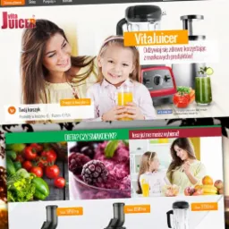 Projekt strony z motywem zdrowego odżywiania: kobieta i dziecko z sokiem, blender, warzywa i owoce. W tle krajobraz. Elementy graficzne sklepu internetowego.