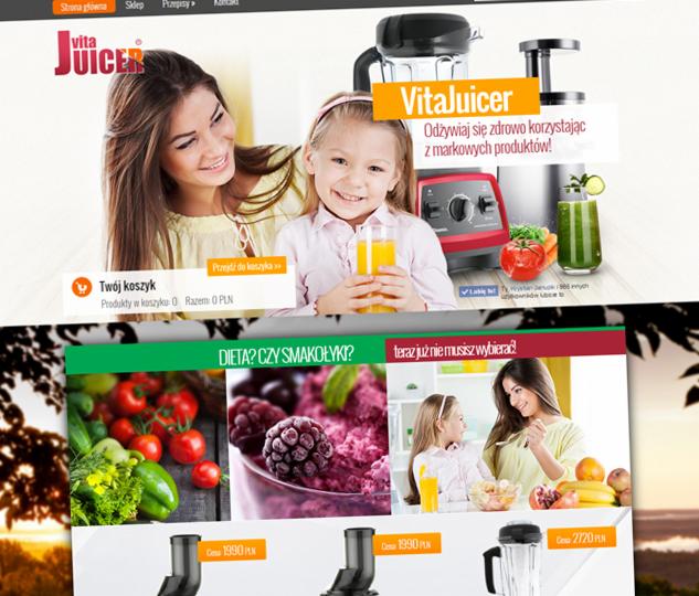 Projekt strony z motywem zdrowego odżywiania: kobieta i dziecko z sokiem, blender, warzywa i owoce. W tle krajobraz. Elementy graficzne sklepu internetowego.
