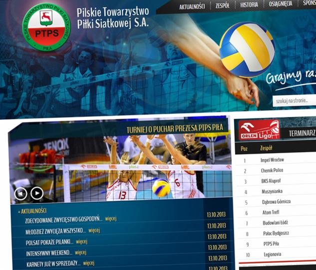 Strona internetowa klubu siatkarskiego PTPS Piła. Widoczne logo, terminarz, aktualności i grafika z piłką do siatkówki. Układ strony czytelny, w barwach klubowych.