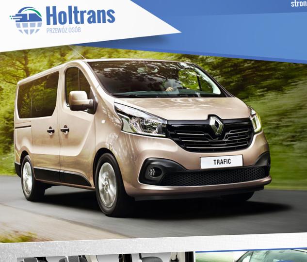 Beżowy Renault Trafic z logo Holtrans na tle zieleni. Auto w ruchu, widoczne z boku i przodu. U góry logo firmy i napis 'stron'.