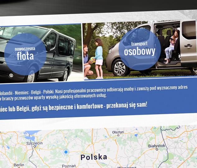 Reklama usług transportu osobowego: nowoczesna flota busów, rodzina przy aucie. Mapa Polski z zaznaczonymi miastami w tle. Profesjonalne przewozy do Holandii, Niemiec i Belgii.