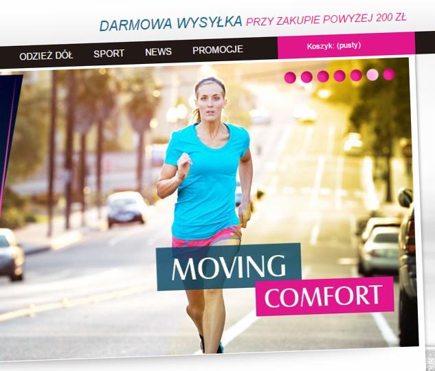 Strona internetowa z kobietą w trakcie biegu, promująca odzież sportową marki Moving Comfort na tle miejskiej ulicy w słoneczny dzień.