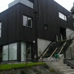 Nowoczesny dom z ciemną, drewnianą elewacją, schodami wejściowymi i minimalistycznym ogrodem z młodymi drzewkami.