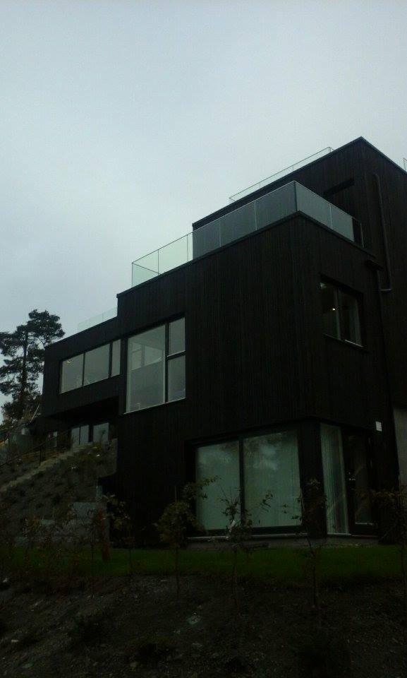 Nowoczesny, ciemny dom z drewnianą elewacją i szklanymi balustradami na balkonach, widoczny z dołu pod kątem, na tle pochmurnego nieba i fragmentu zieleni.