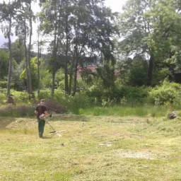 Dwaj mężczyźni koszą trawę na rozległej działce z drzewami w tle. Jeden z nich ma czarny pas na koszuli. Na skraju trawnika leżą kamienie.