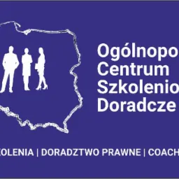 Logo firmy szkoleniowej: mapa Polski z sylwetkami osób, napis 'Ogólnopolskie Centrum Szkoleniowo Doradcze', oferta: 'Szkolenia | Doradztwo prawne | Coaching'.