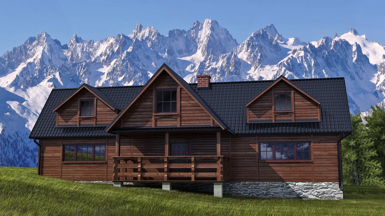 Wizualizacja drewnianego domu z ciemnym dachem na tle gór. Model 3D z wyraźnymi detalami tekstury drewna i otoczenia. Realistyczne oświetlenie słoneczne.
