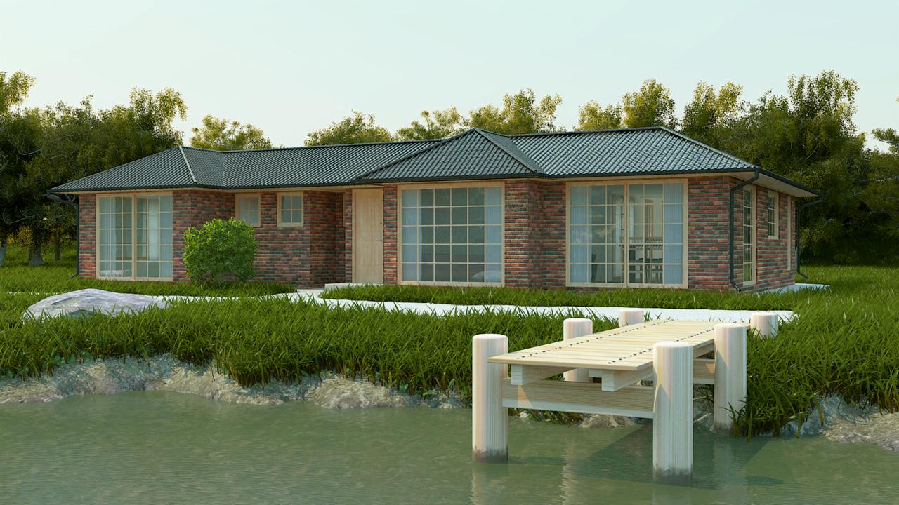 Wizualizacja domu z czerwonej cegły z dużymi oknami i drewnianym pomostem nad wodą, otoczonego zielenią. Realistyczny render architektoniczny, prezentujący projekt domu.