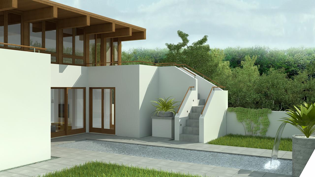 Wizualizacja 3D nowoczesnego domu z białymi ścianami, drewnianymi ramami okiennymi, schodami zewnętrznymi i elementami wodnymi w ogrodzie.