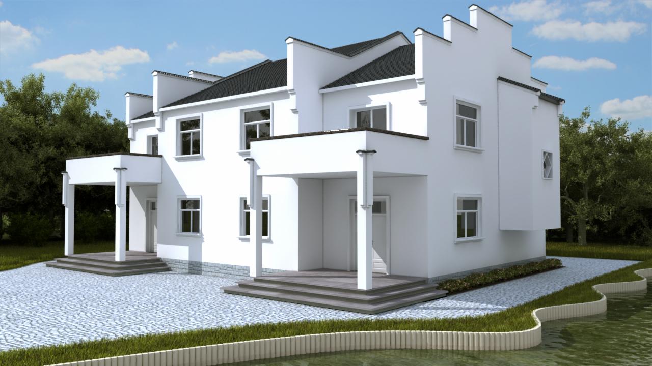 Wizualizacja 3D nowoczesnego, białego domu bliźniaczego z ciemnym dachem, otoczonego zielenią i wodą. Prezentacja projektu architektonicznego.