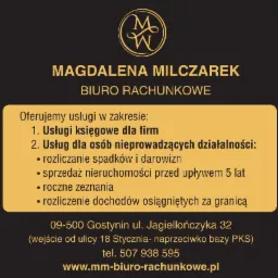 Wizytówka firmy oferującej usługi księgowe, z logo MW, adresem w Gostyninie, numerem telefonu i adresem strony internetowej, informująca o ofercie usług księgowych dla firm i osób nieprowadzących...