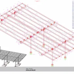 Projekt stacji paliw: schemat konstrukcji stalowej z detalami złącz i wymiarami, widok izometryczny, tabela z wykazem elementów i ich wagą.