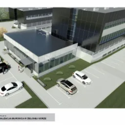 Wizualizacja biurowca z parkingiem w Bytomiu Odrzańskim. Nowoczesny budynek z przeszkloną fasadą, kilka samochodów na parkingu, zieleń. Projekt biura.