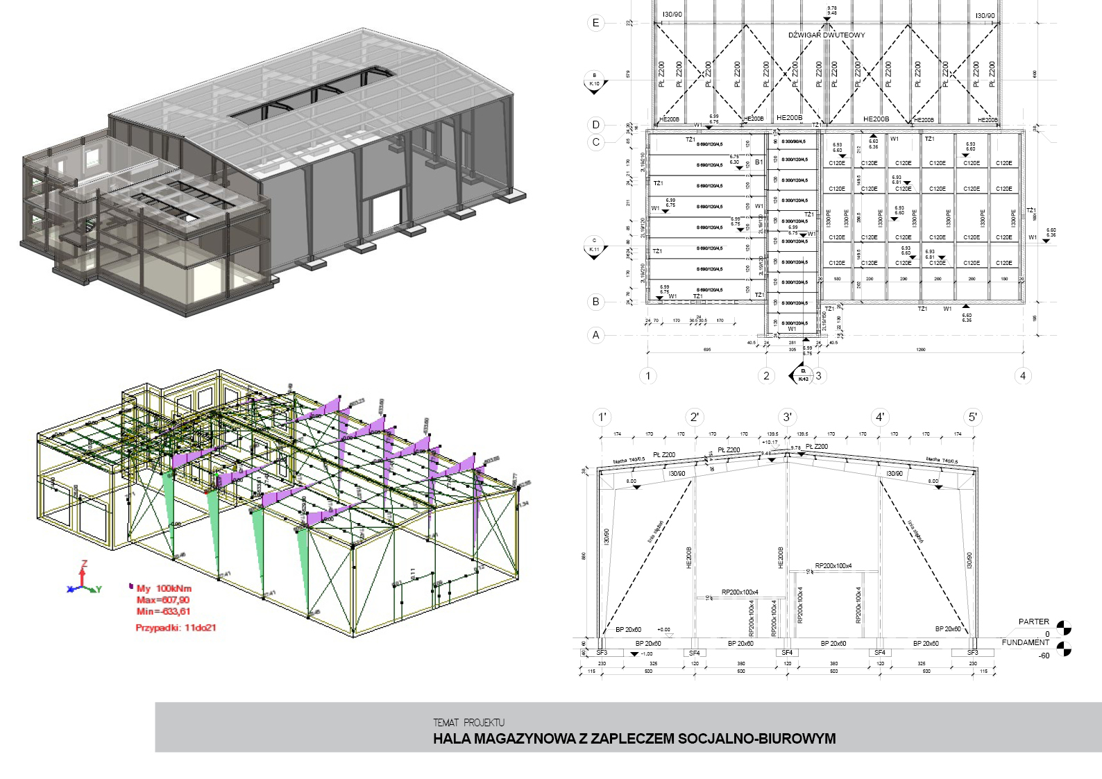 Projekt hali magazynowej z zapleczem biurowym: model 3D, schemat konstrukcyjny i rzut. Widoczne elementy stalowe i wymiary. Dokumentacja projektowa.