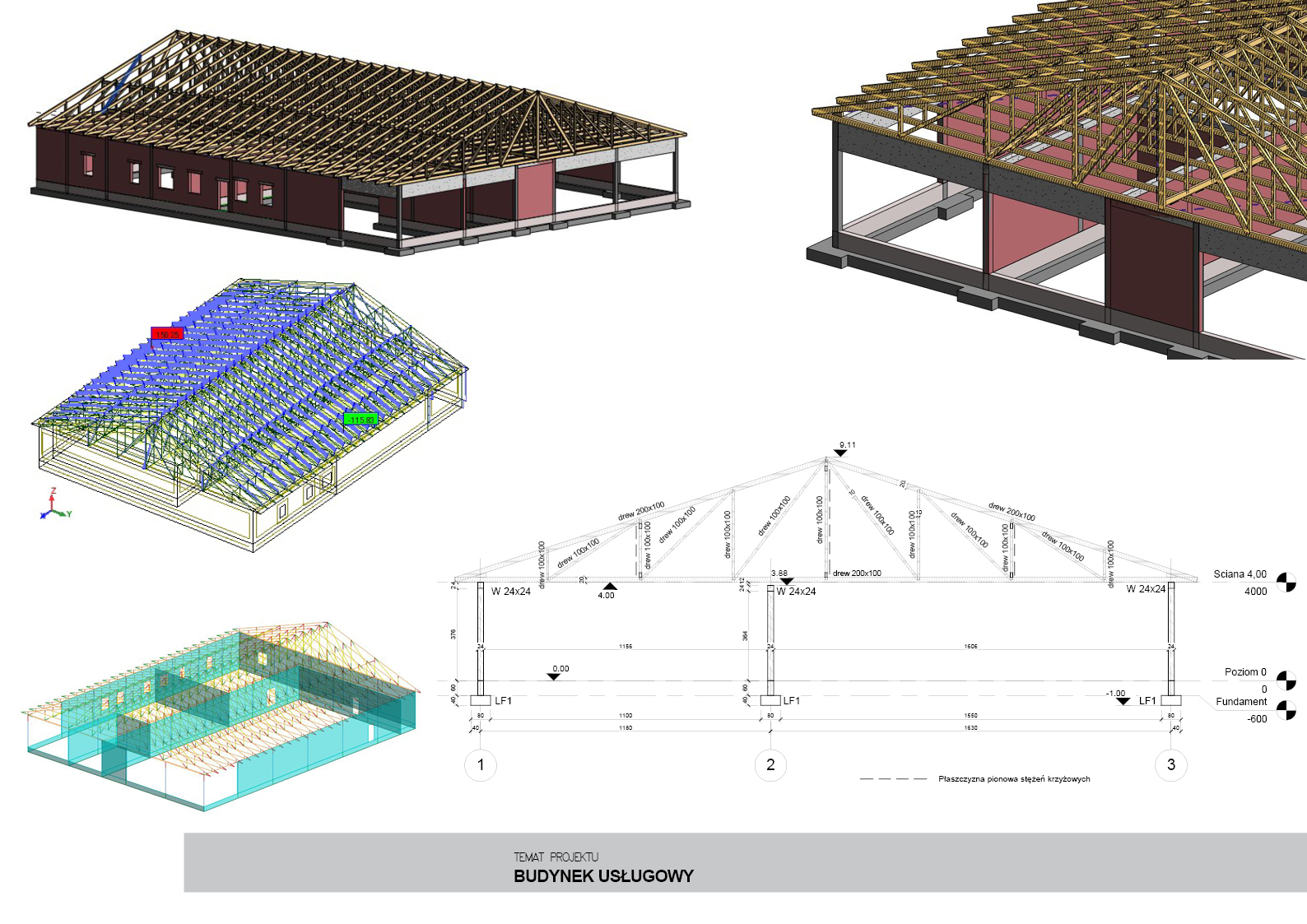 Projekt hali usługowej: wizualizacje 3D i przekroje konstrukcyjne dachu z drewnianą więźbą. Detale połączeń, wymiary i schemat rozmieszczenia elementów.
