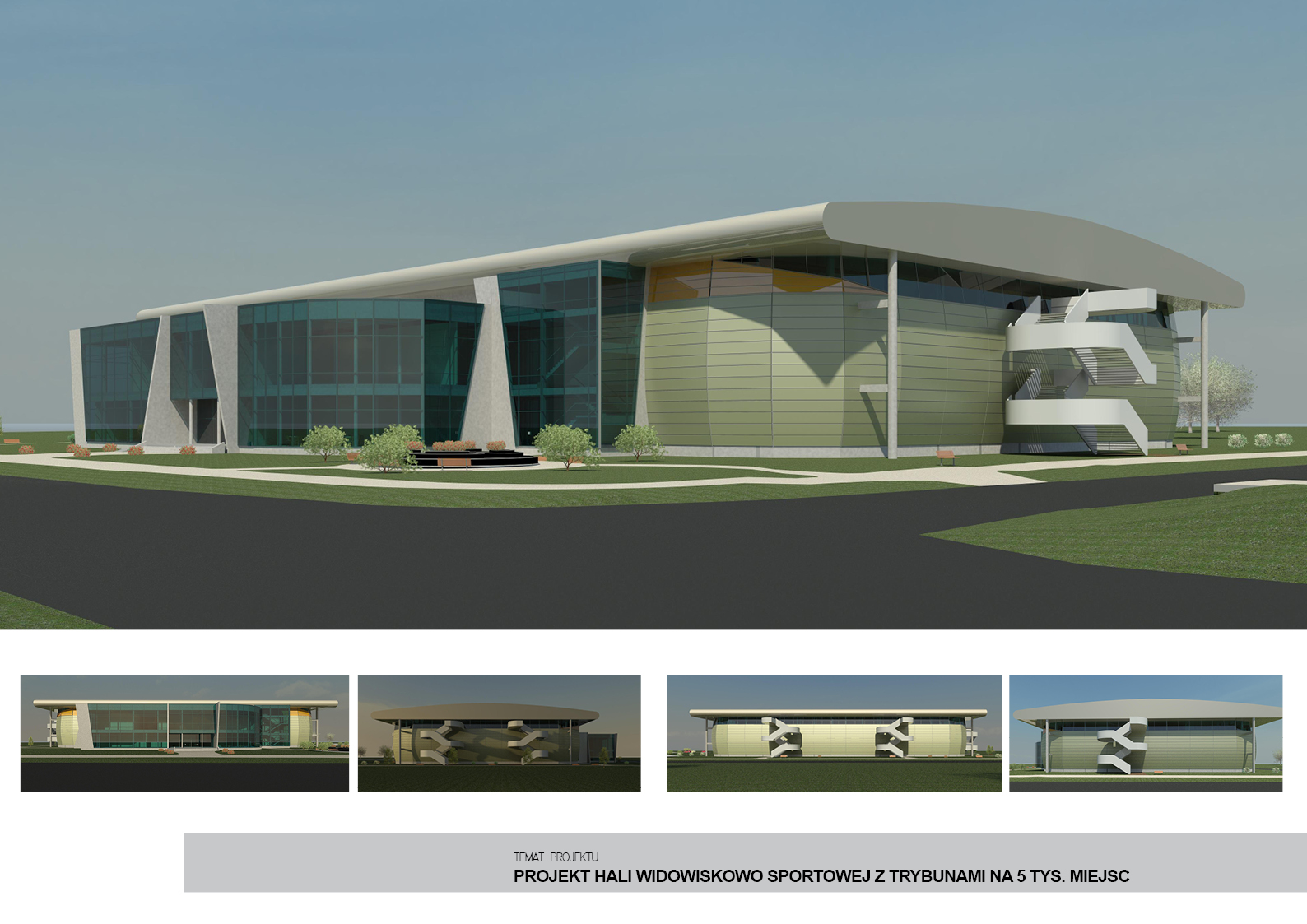 Wizualizacja 3D nowoczesnej hali sportowej z trybunami na 5 tys. miejsc, z dużymi przeszkleniami i zewnętrznymi schodami. Projekt architektoniczny.