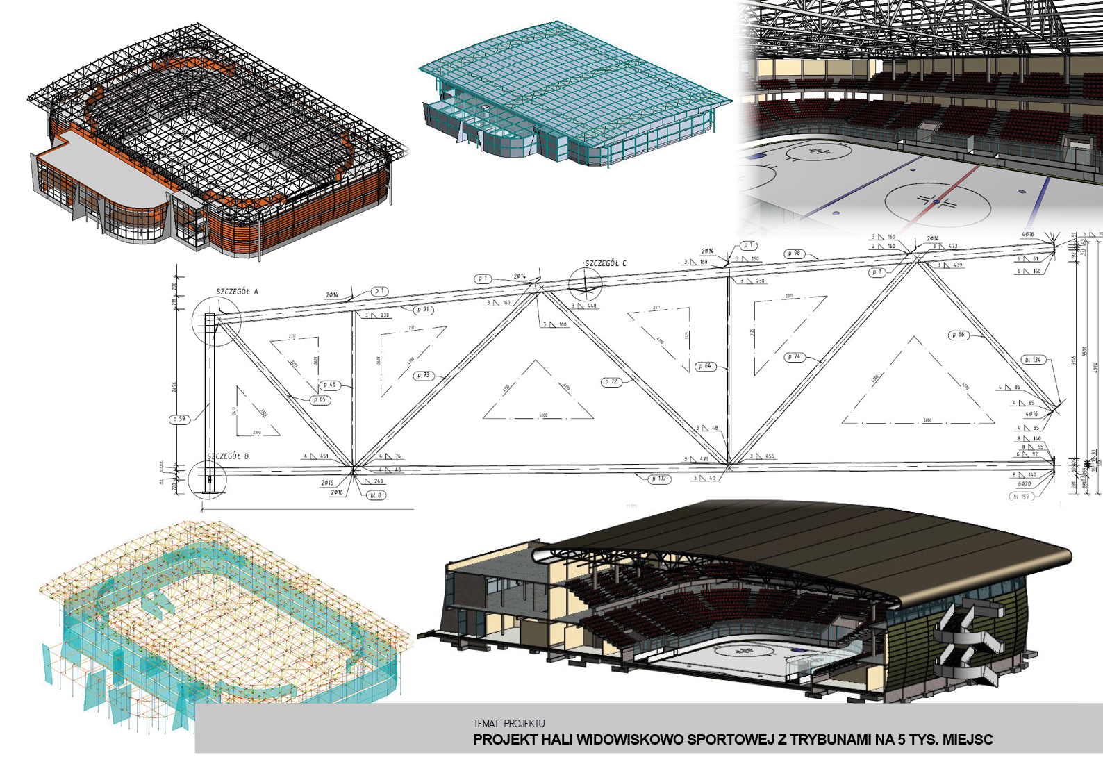 Projekt hali widowiskowo-sportowej z trybunami na 5 tys. miejsc: rysunek techniczy konstrukcji stalowej dachu, wizualizacje 3D obiektu z zewnątrz i przekrój przez wnętrze.