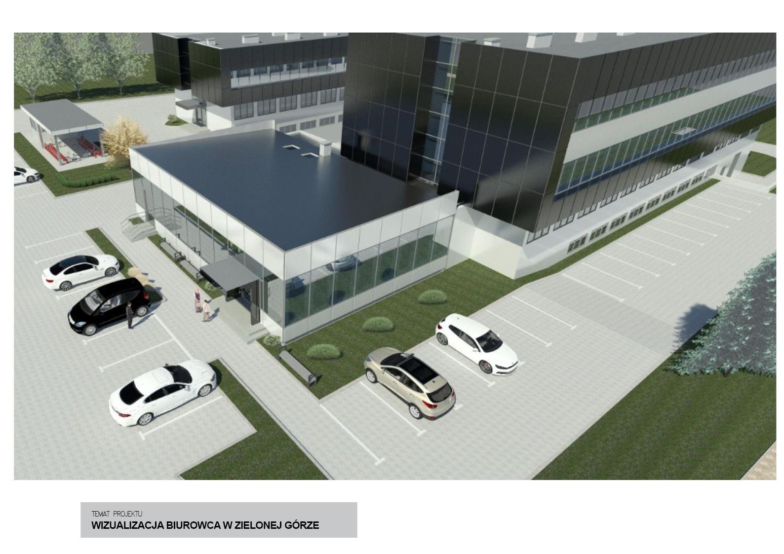Wizualizacja biurowca z parkingiem w Bytomiu Odrzańskim. Nowoczesny budynek z przeszkloną fasadą, kilka samochodów na parkingu, zieleń. Projekt biura.