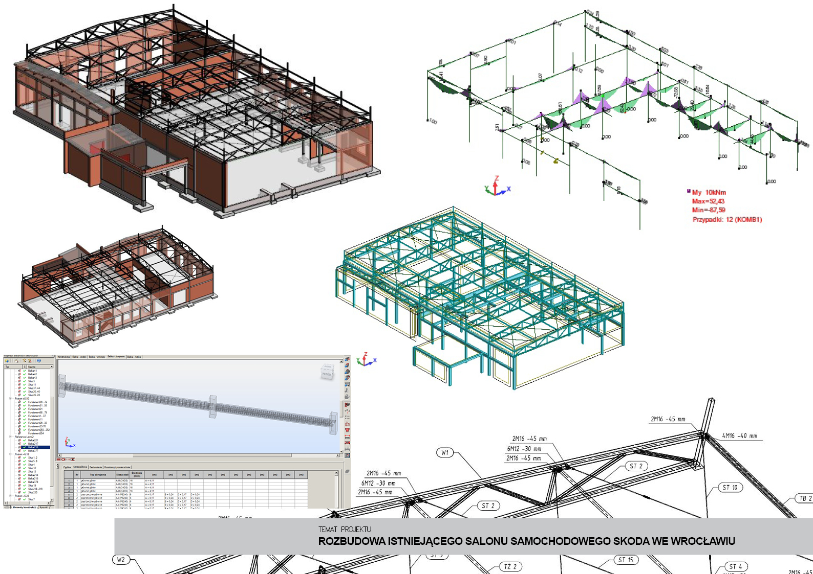 Wizualizacja 3D rozbudowy salonu samochodowego Skoda we Wrocławiu. Projekt konstrukcji stalowej z analizą obciążeń i detalami połączeń.