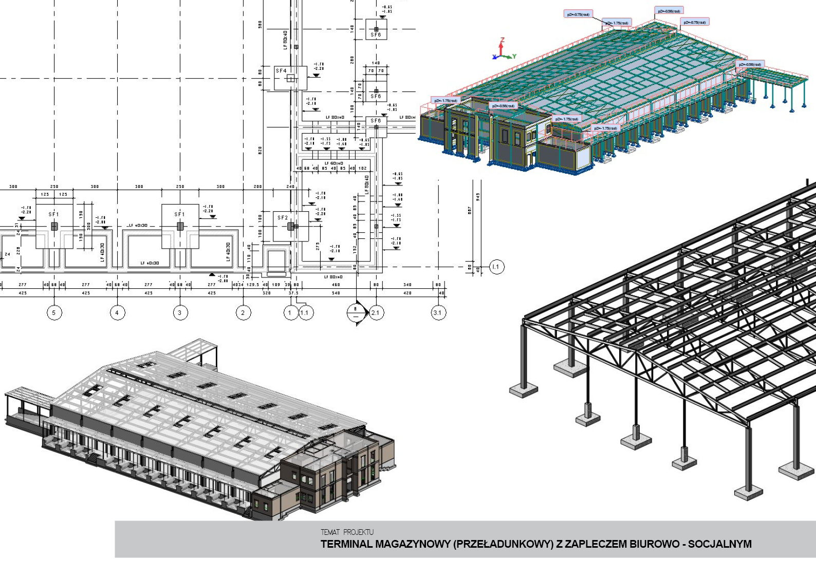Projekt hali magazynowej z zapleczem biurowo-socjalnym, widok 3D z wymiarami. Model konstrukcji stalowej w programie do projektowania inżynieryjnego.