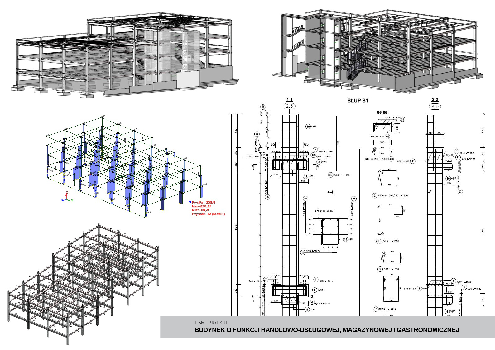 Projekt konstrukcji stalowej budynku handlowo-usługowego, magazynowego i gastronomicznego. Widoczne detale i przekroje słupów S1.