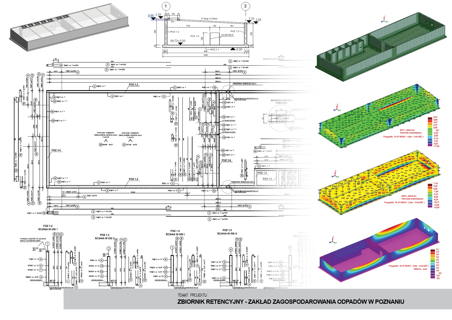 Rzut i model 3D zbiornika retencyjnego z Zakładu Zagospodarowania Odpadów w Poznaniu. Widoczne detale zbrojenia i obliczenia wytrzymałościowe.
